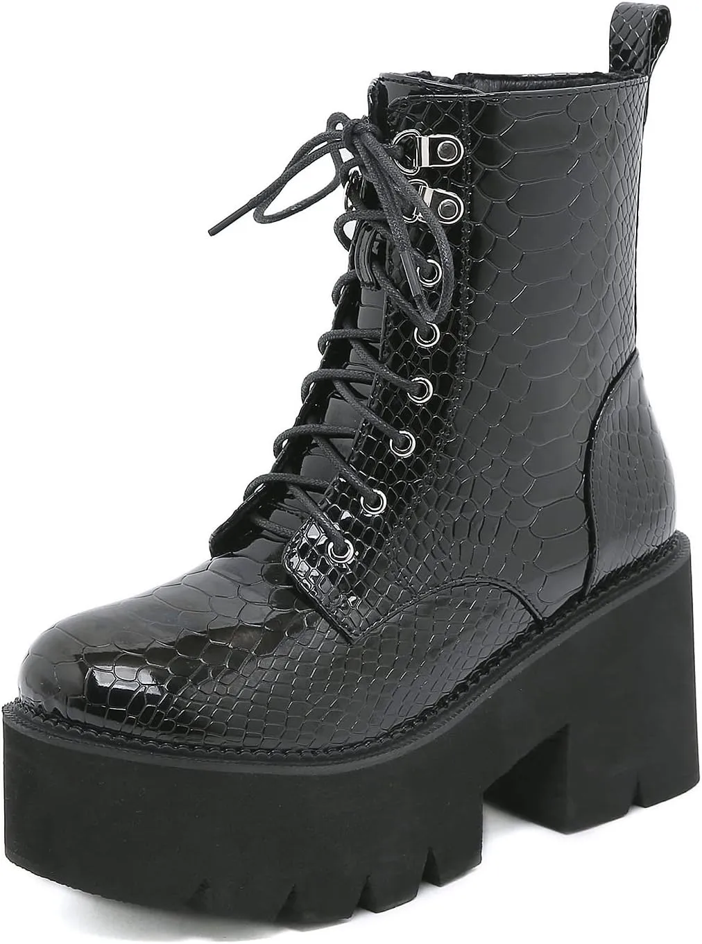 Women's Goth Black Chunky High Heel Lace Up Emo Platform Combat Ankle Boots