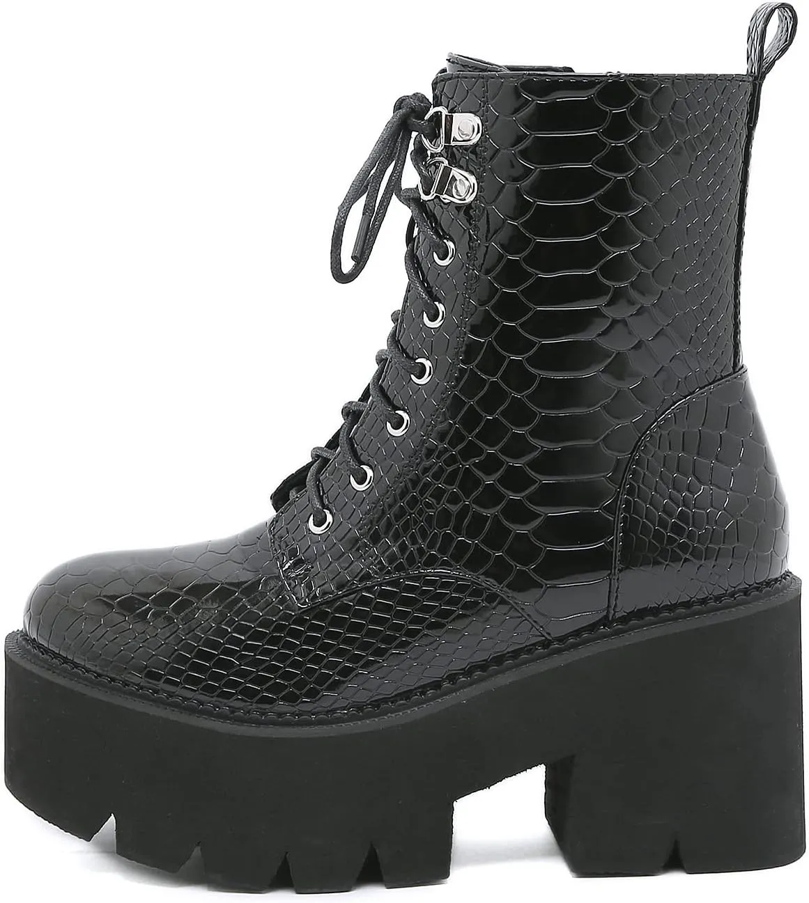 Women's Goth Black Chunky High Heel Lace Up Emo Platform Combat Ankle Boots