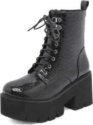 Women's Goth Black Chunky High Heel Lace Up Emo Platform Combat Ankle Boots