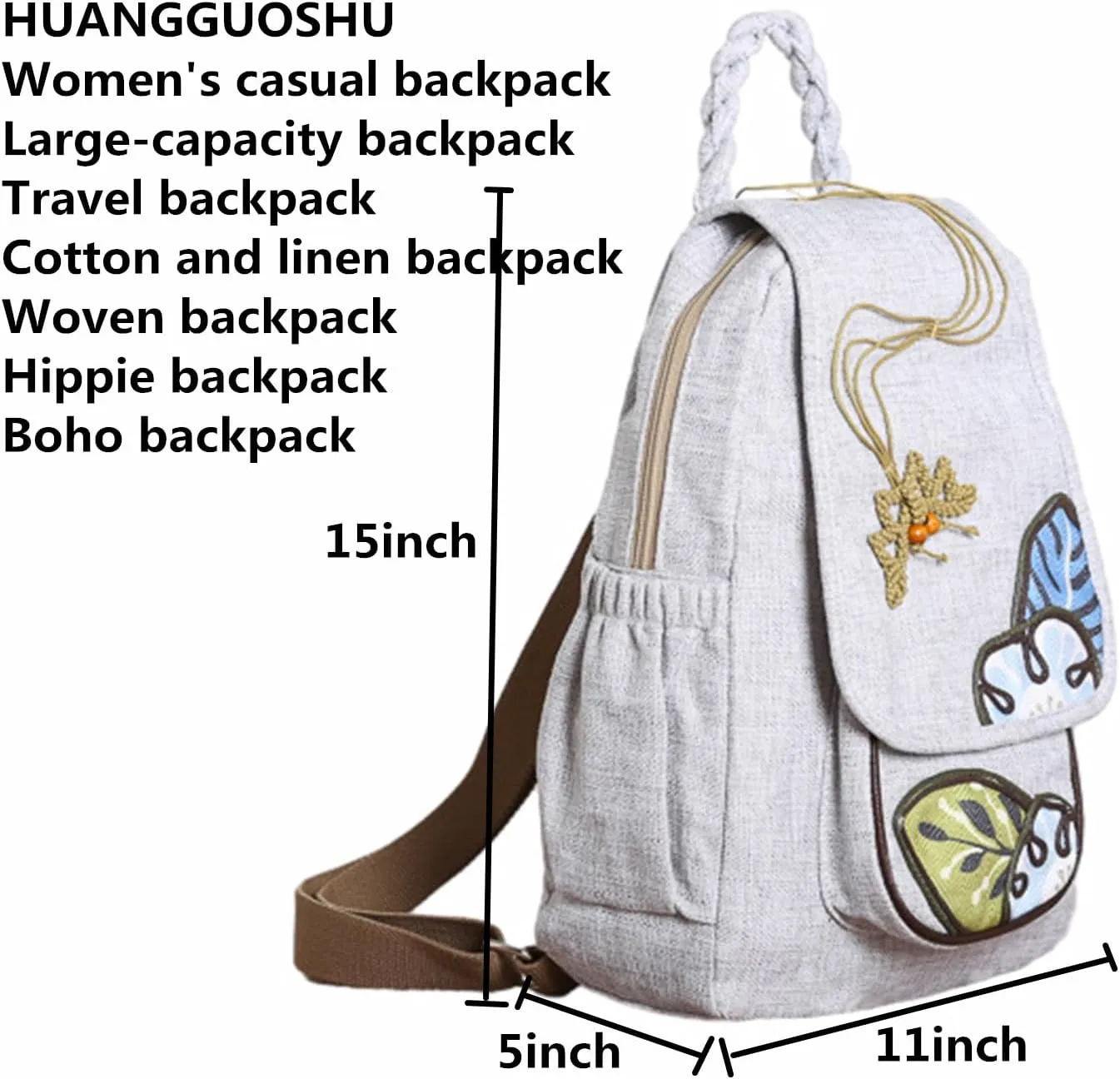 Womens Hippie Cotton Hemp Cloth Backpack Boho Vintage Embroidered Casual Purse