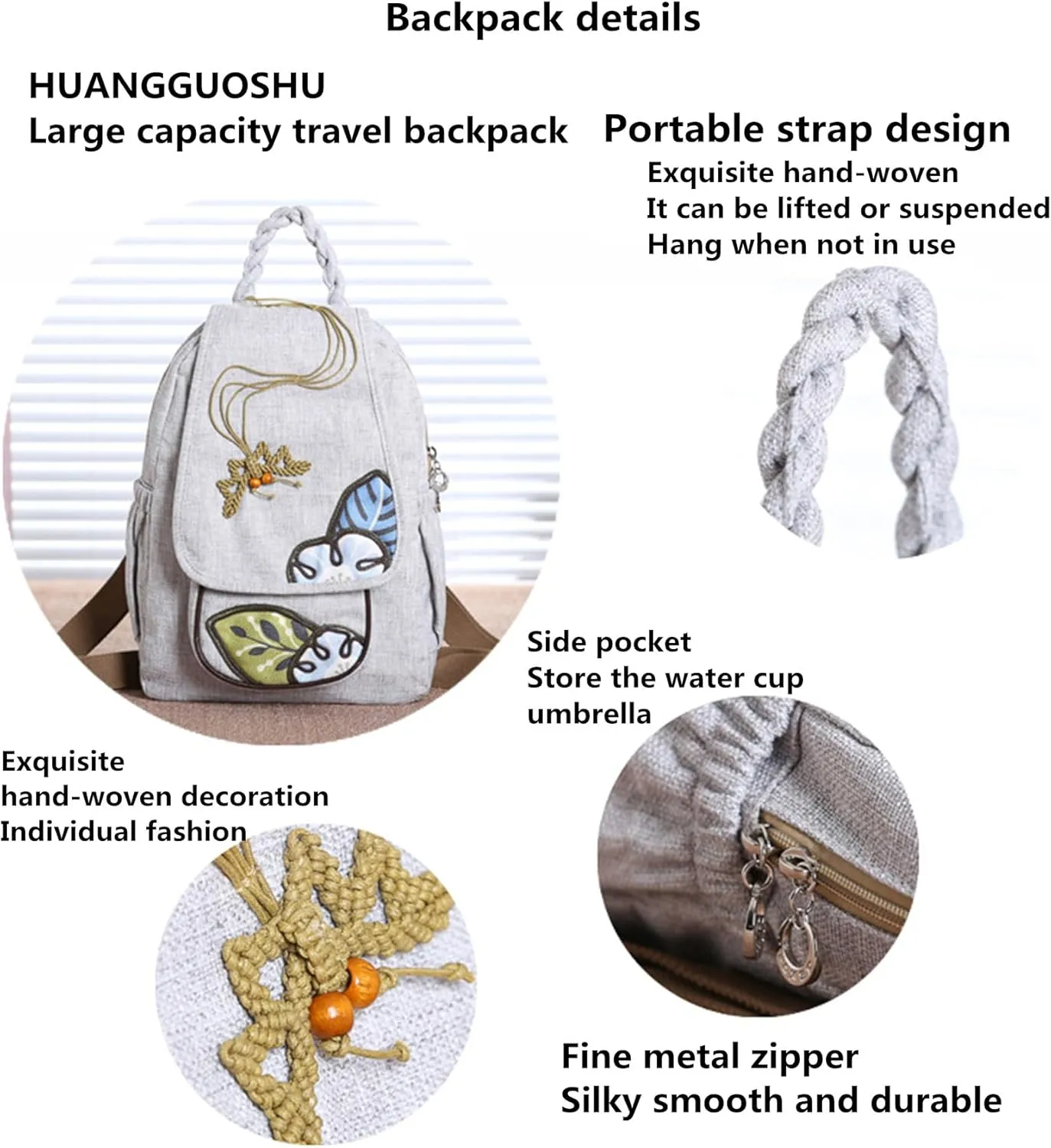 Womens Hippie Cotton Hemp Cloth Backpack Boho Vintage Embroidered Casual Purse