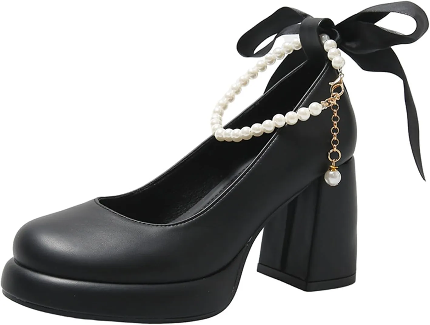Women's Leather Chunky High Heel Pearl Chain Ankle Strap Pumps Round Closed Toe Platform Elegant Mary Jane Dress Shoes Wedding Party Evening Shoes