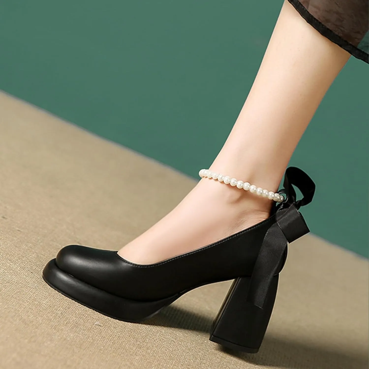 Women's Leather Chunky High Heel Pearl Chain Ankle Strap Pumps Round Closed Toe Platform Elegant Mary Jane Dress Shoes Wedding Party Evening Shoes