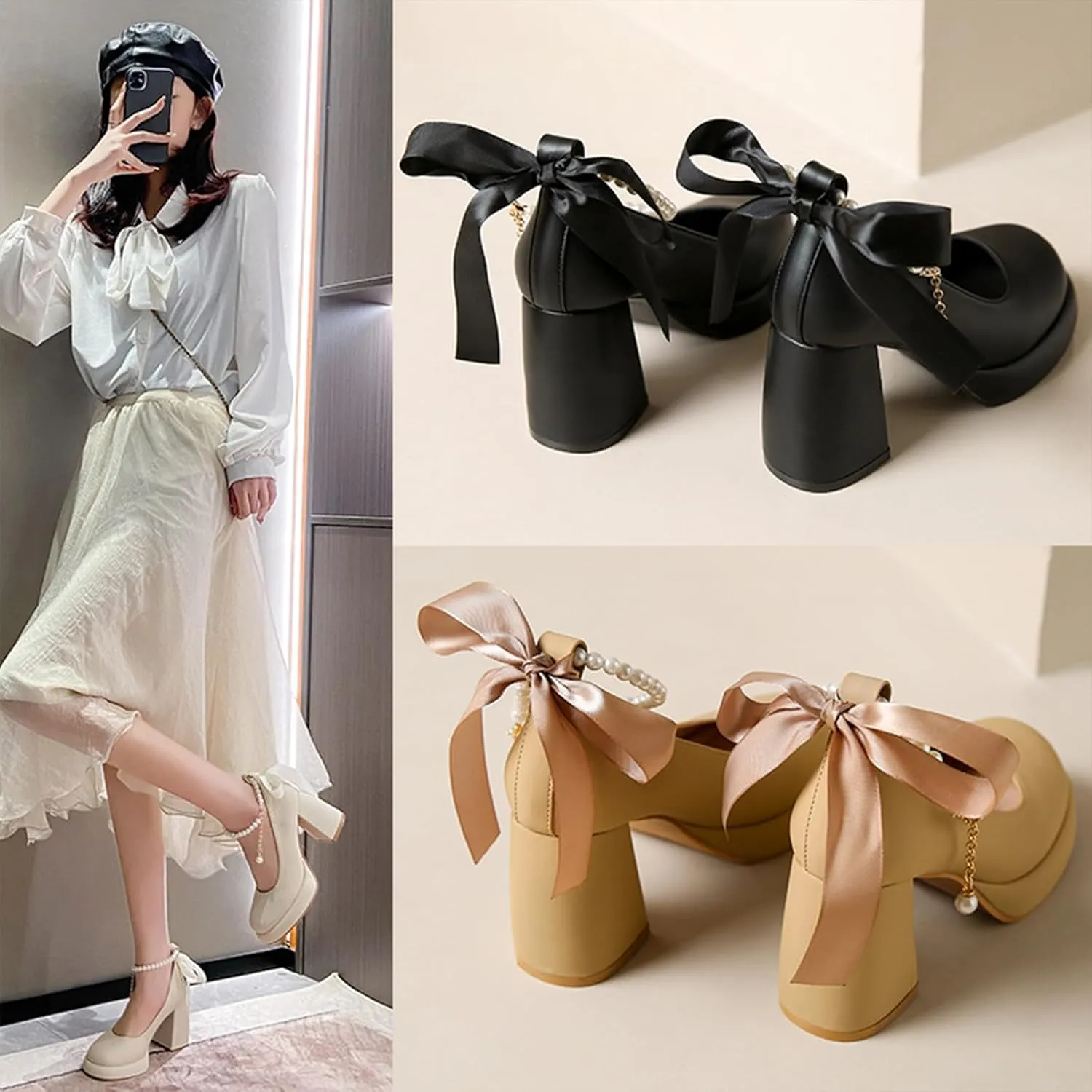 Women's Leather Chunky High Heel Pearl Chain Ankle Strap Pumps Round Closed Toe Platform Elegant Mary Jane Dress Shoes Wedding Party Evening Shoes