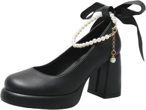 Women's Leather Chunky High Heel Pearl Chain Ankle Strap Pumps Round Closed Toe Platform Elegant Mary Jane Dress Shoes Wedding Party Evening Shoes