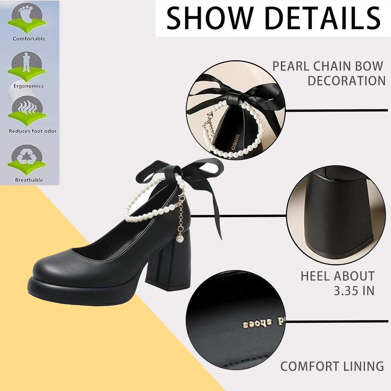 Women's Leather Chunky High Heel Pearl Chain Ankle Strap Pumps Round Closed Toe Platform Elegant Mary Jane Dress Shoes Wedding Party Evening Shoes