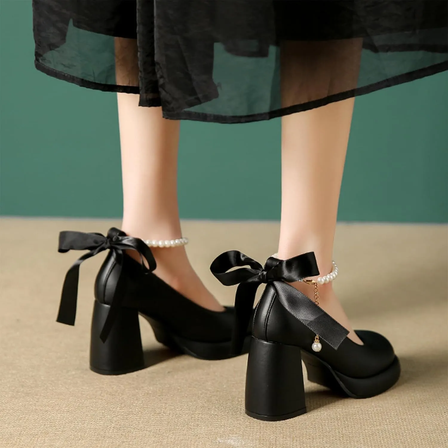 Women's Leather Chunky High Heel Pearl Chain Ankle Strap Pumps Round Closed Toe Platform Elegant Mary Jane Dress Shoes Wedding Party Evening Shoes