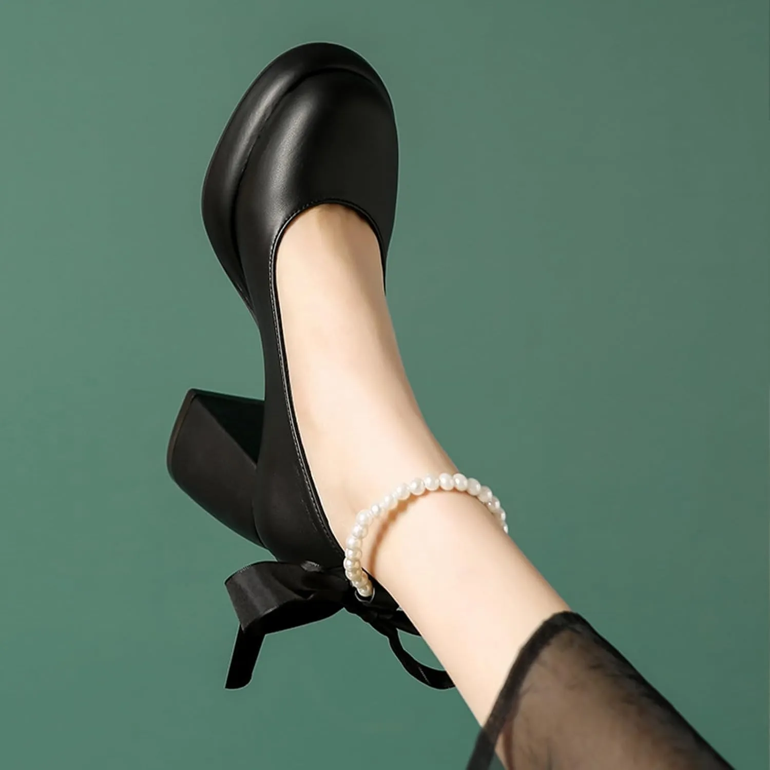 Women's Leather Chunky High Heel Pearl Chain Ankle Strap Pumps Round Closed Toe Platform Elegant Mary Jane Dress Shoes Wedding Party Evening Shoes