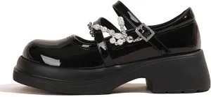 Women's Patent Leather Pearl Chain Decor Chunky Heel Mary Jane Shoes Fashion Classic Round Toe Adjustable Ankle Platform Buckle Block Heel Business Dress Shoes for Work Wedding