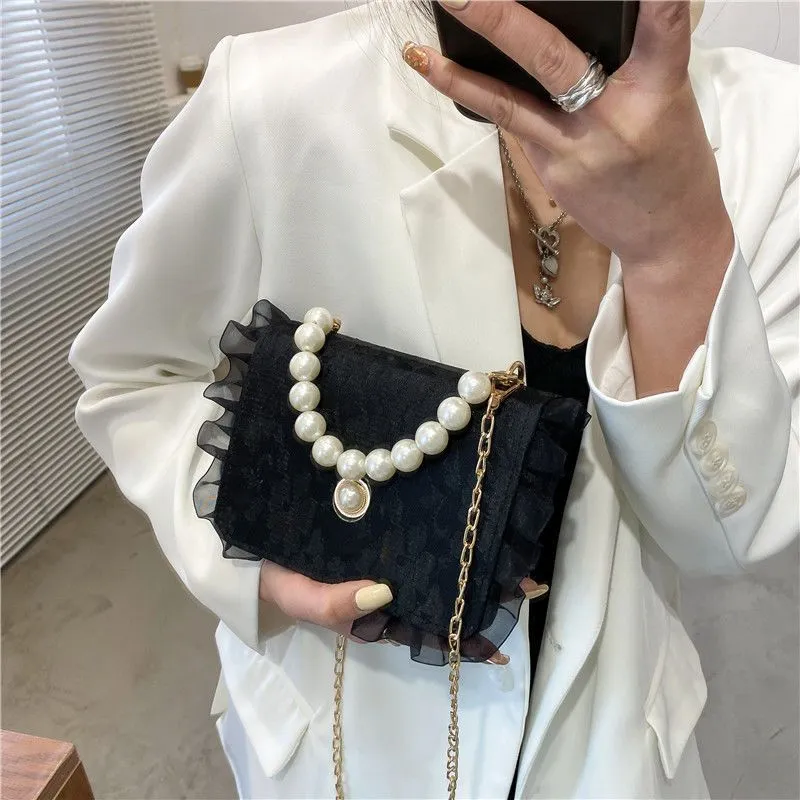 Women's Pearl Chain French Retro Portable Shoulder Bags