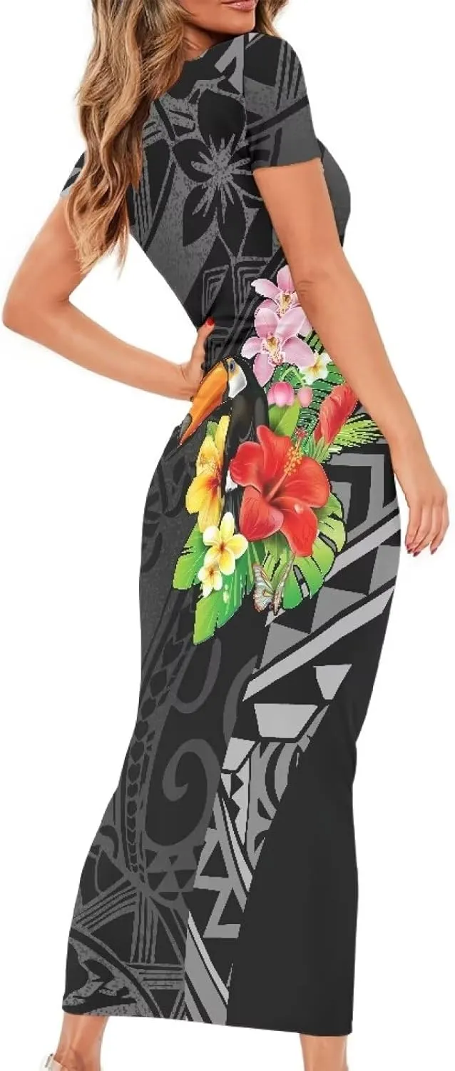 Women's Puletasi Samoan Short Sleeve Bodycon Dress Polynesian Maxi Casual Club Party Long Tight Pencil Dresses
