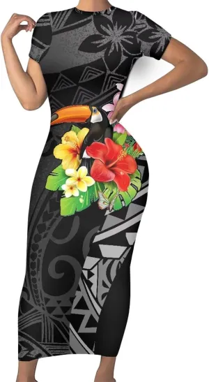 Women's Puletasi Samoan Short Sleeve Bodycon Dress Polynesian Maxi Casual Club Party Long Tight Pencil Dresses