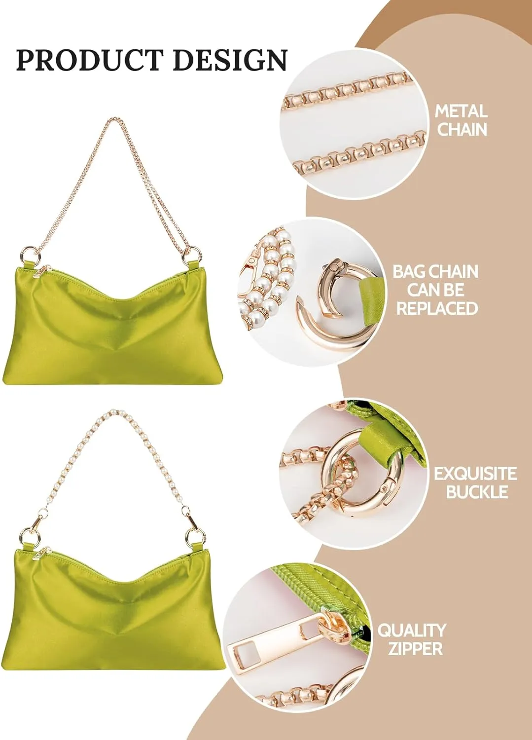 Women’s Satin Evening Bag Clutch Purse Handbag for Women Wedding Shoulder Bag with 2 Chains for Formal Cocktail Party