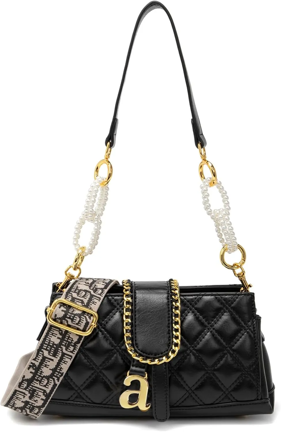 Women's Shoulder Crossbody Bag, Elegant Quilted Clutch Purse with Pearl Chain & Demovable Straps