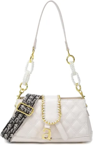 Women's Shoulder Crossbody Bag, Elegant Quilted Clutch Purse with Pearl Chain & Demovable Straps