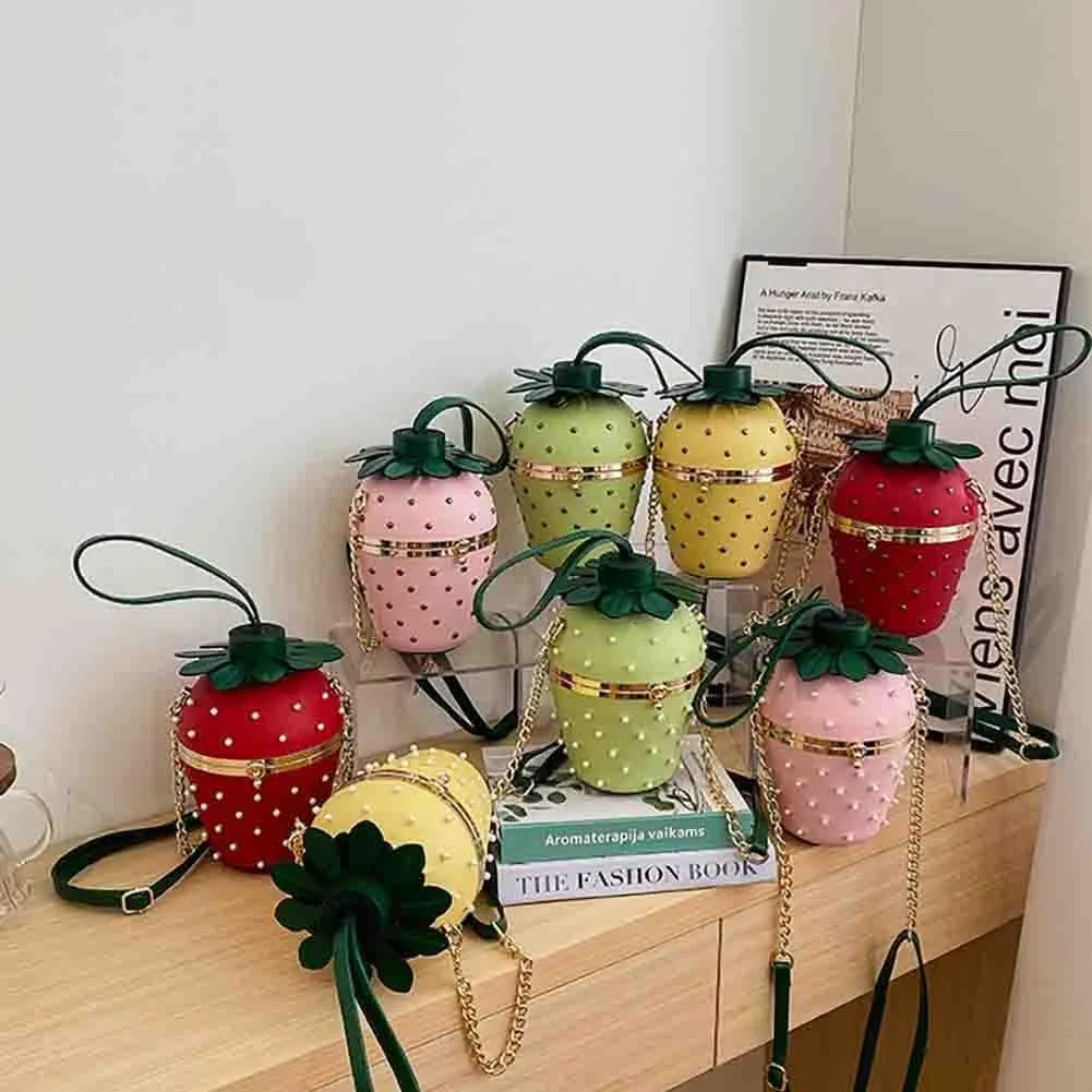 Women's Strawberry Shaped Riveted Shoulder Bag, Novelty Funny Fruit Pearl Purse, Tropical Hawaiian Chain Crossbody Handbag