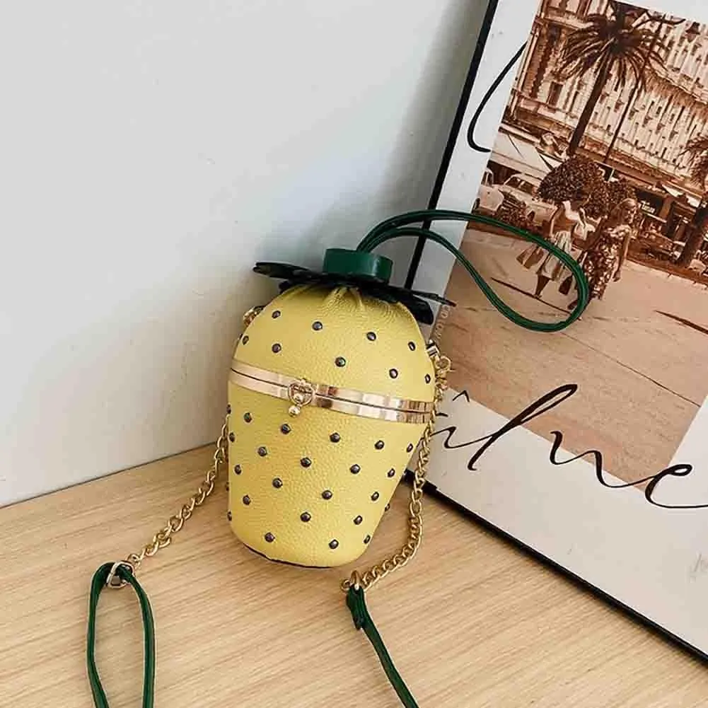 Women's Strawberry Shaped Riveted Shoulder Bag, Novelty Funny Fruit Pearl Purse, Tropical Hawaiian Chain Crossbody Handbag
