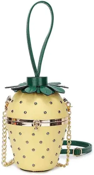 Women's Strawberry Shaped Riveted Shoulder Bag, Novelty Funny Fruit Pearl Purse, Tropical Hawaiian Chain Crossbody Handbag