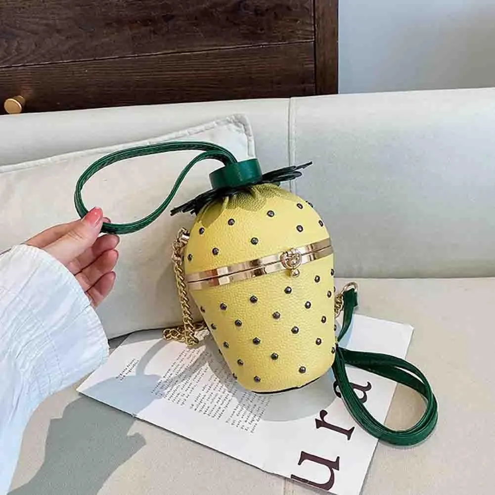 Women's Strawberry Shaped Riveted Shoulder Bag, Novelty Funny Fruit Pearl Purse, Tropical Hawaiian Chain Crossbody Handbag