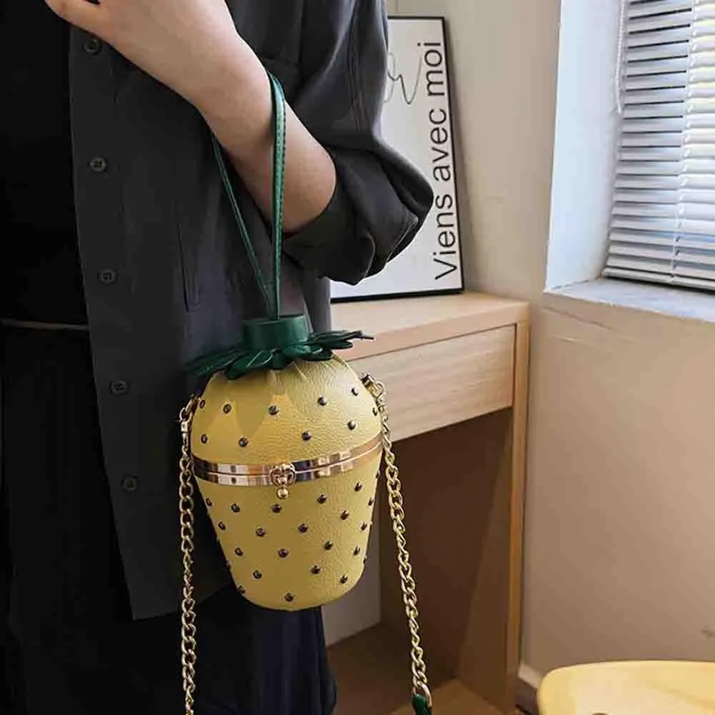 Women's Strawberry Shaped Riveted Shoulder Bag, Novelty Funny Fruit Pearl Purse, Tropical Hawaiian Chain Crossbody Handbag