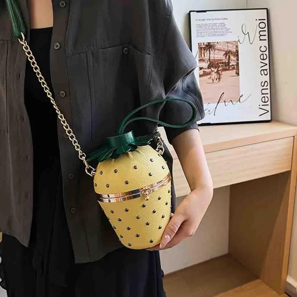 Women's Strawberry Shaped Riveted Shoulder Bag, Novelty Funny Fruit Pearl Purse, Tropical Hawaiian Chain Crossbody Handbag