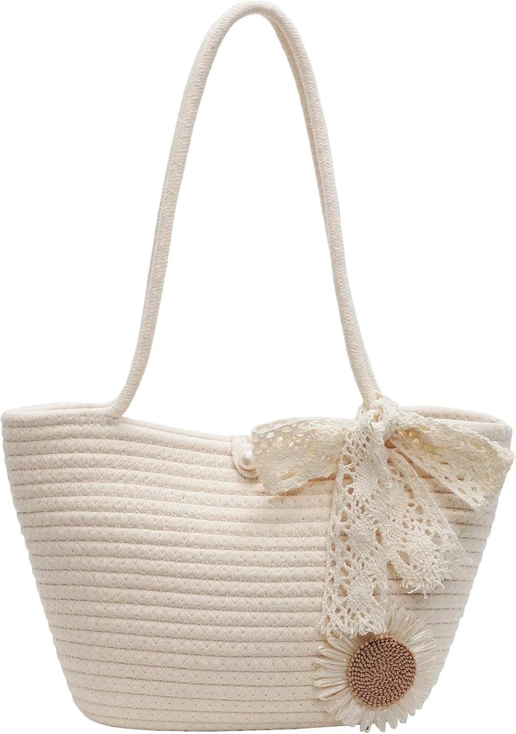 Women's Sunflower Appliques Vacation Shoulder Bags Pearl Double Handle Lightweight Large Tote Bag
