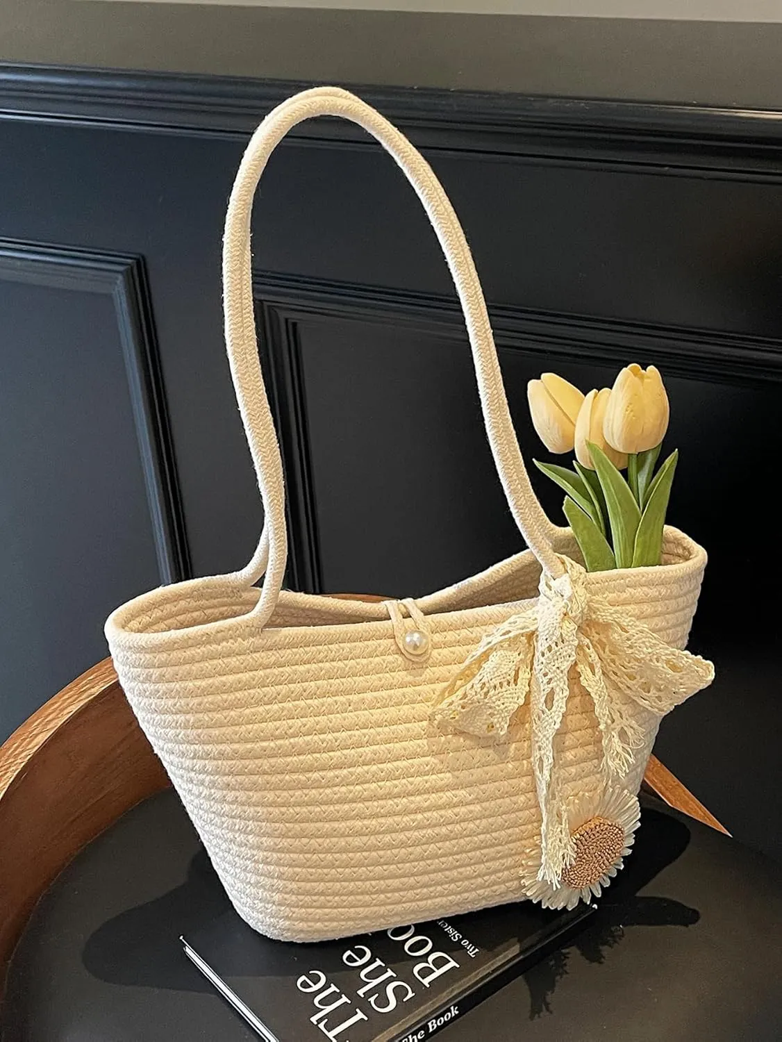 Women's Sunflower Appliques Vacation Shoulder Bags Pearl Double Handle Lightweight Large Tote Bag