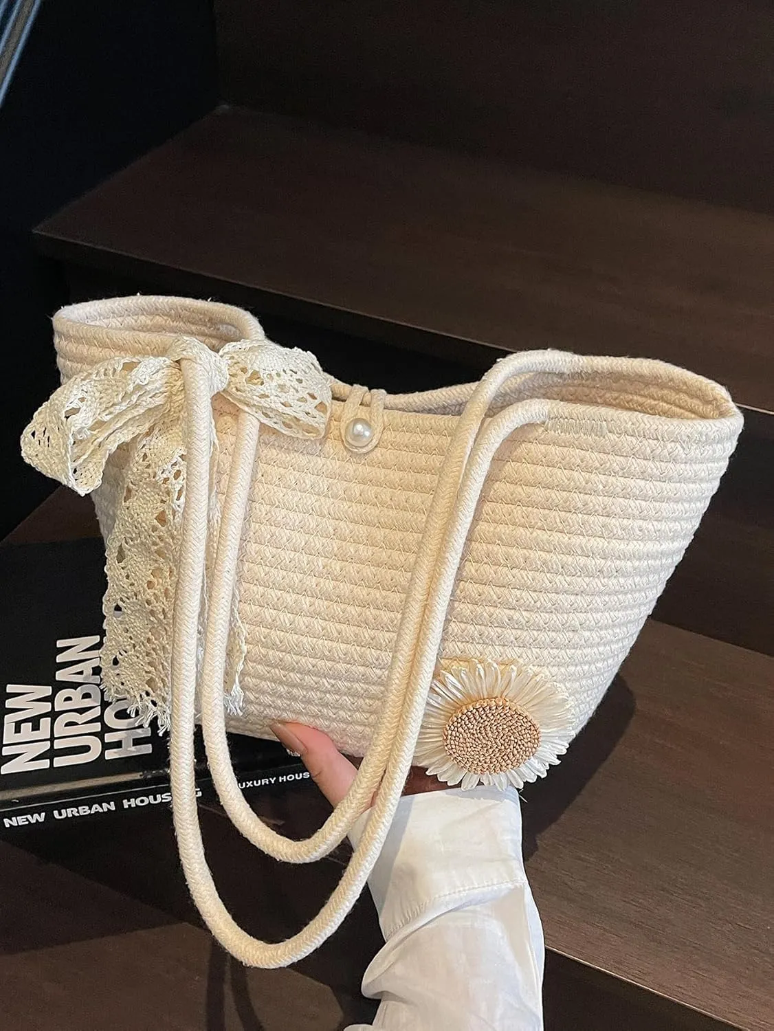 Women's Sunflower Appliques Vacation Shoulder Bags Pearl Double Handle Lightweight Large Tote Bag