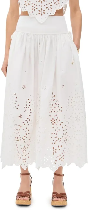 Women's White Cotton Embroidered Midi Skirt