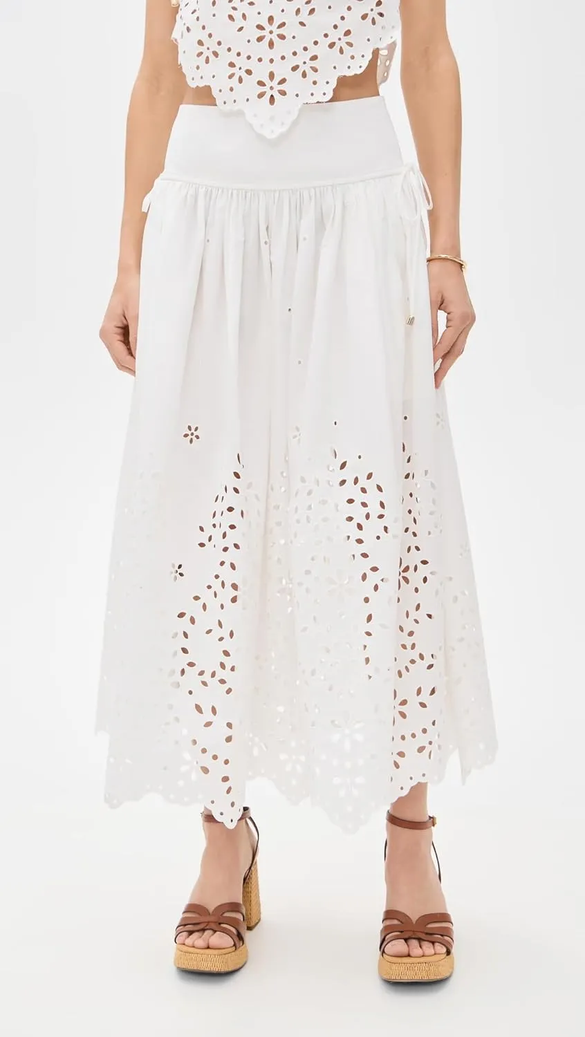Women's White Cotton Embroidered Midi Skirt