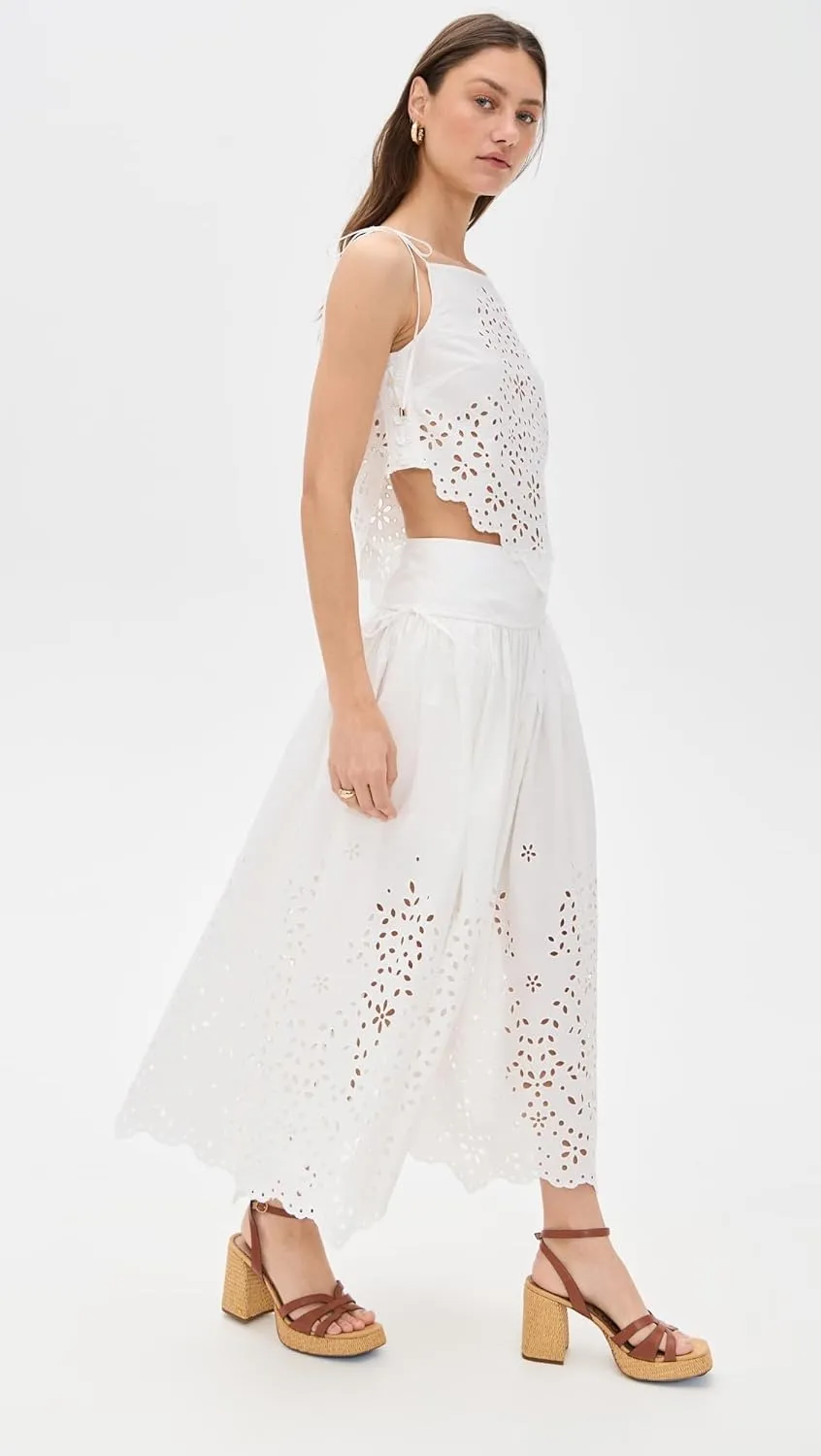 Women's White Cotton Embroidered Midi Skirt