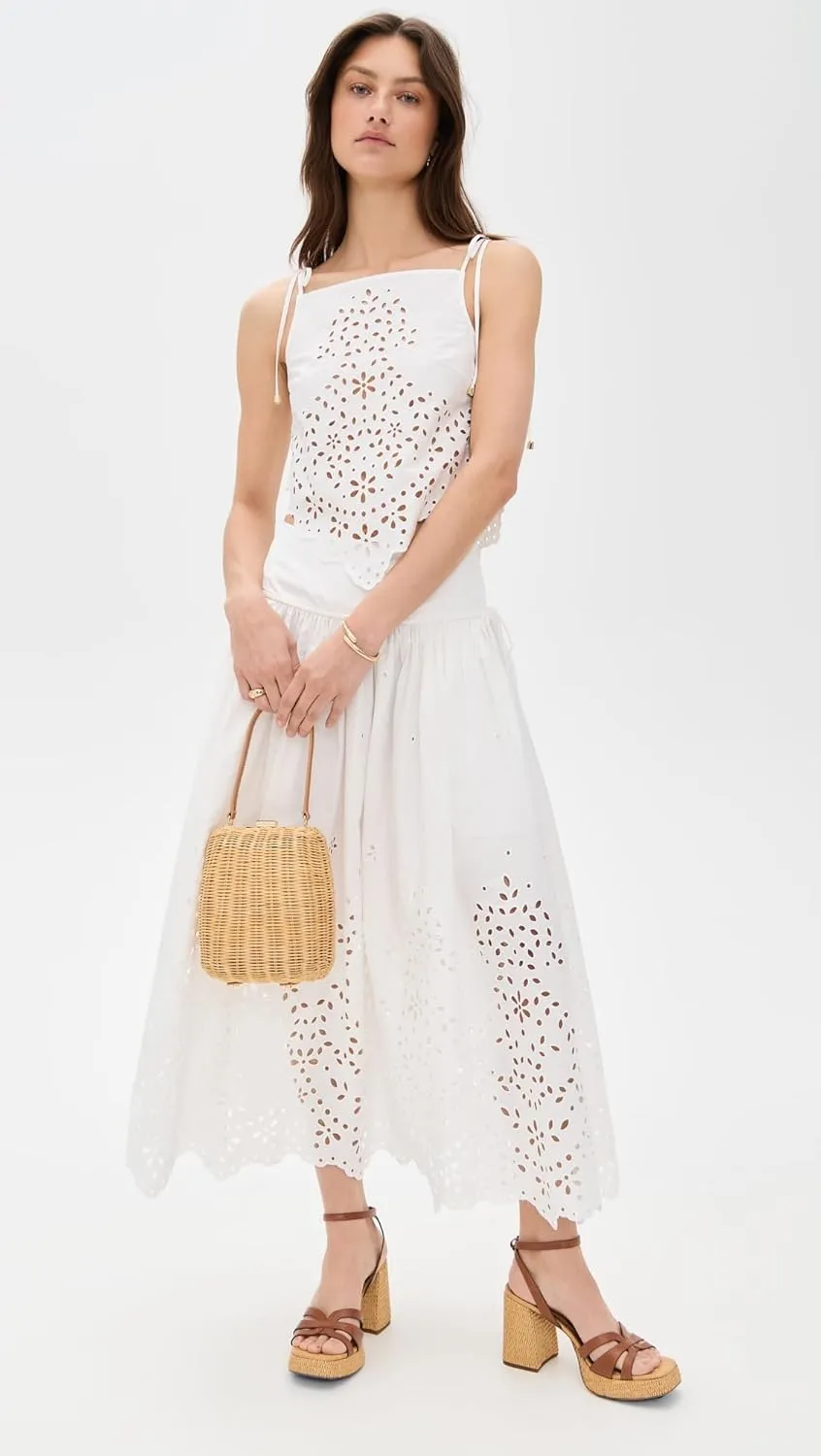Women's White Cotton Embroidered Midi Skirt