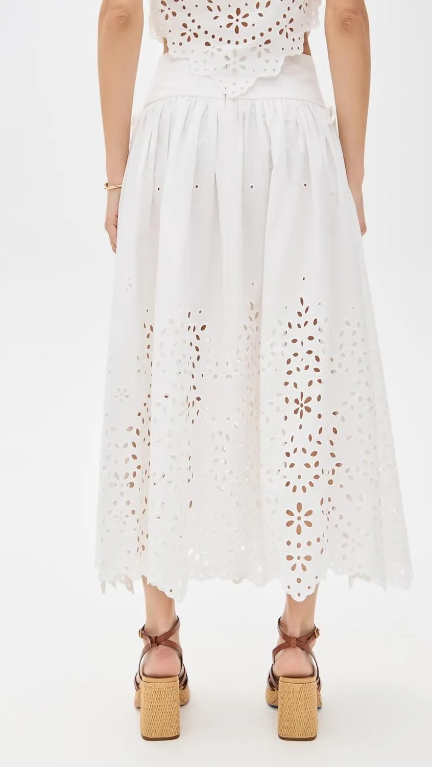 Women's White Cotton Embroidered Midi Skirt