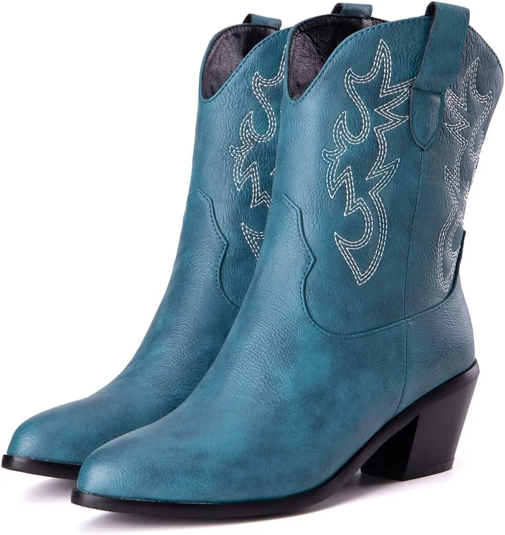 Women's White Embroidered Cowboy Ankle Boots