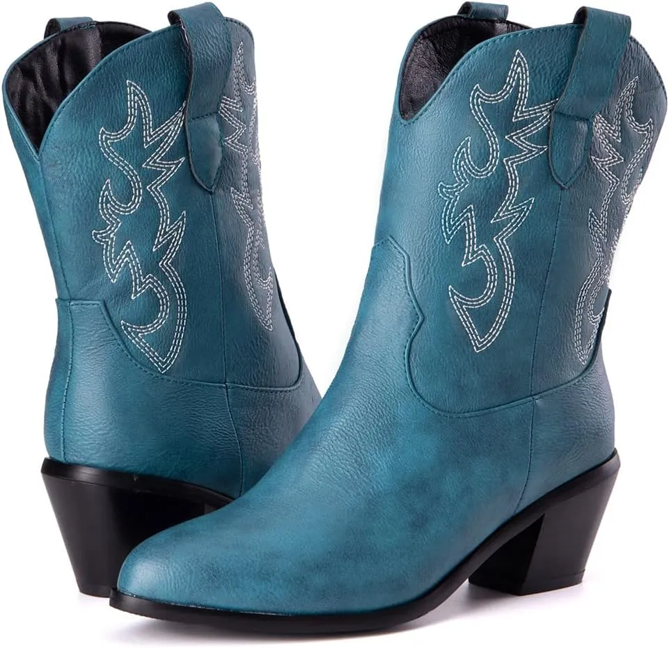 Women's White Embroidered Cowboy Ankle Boots