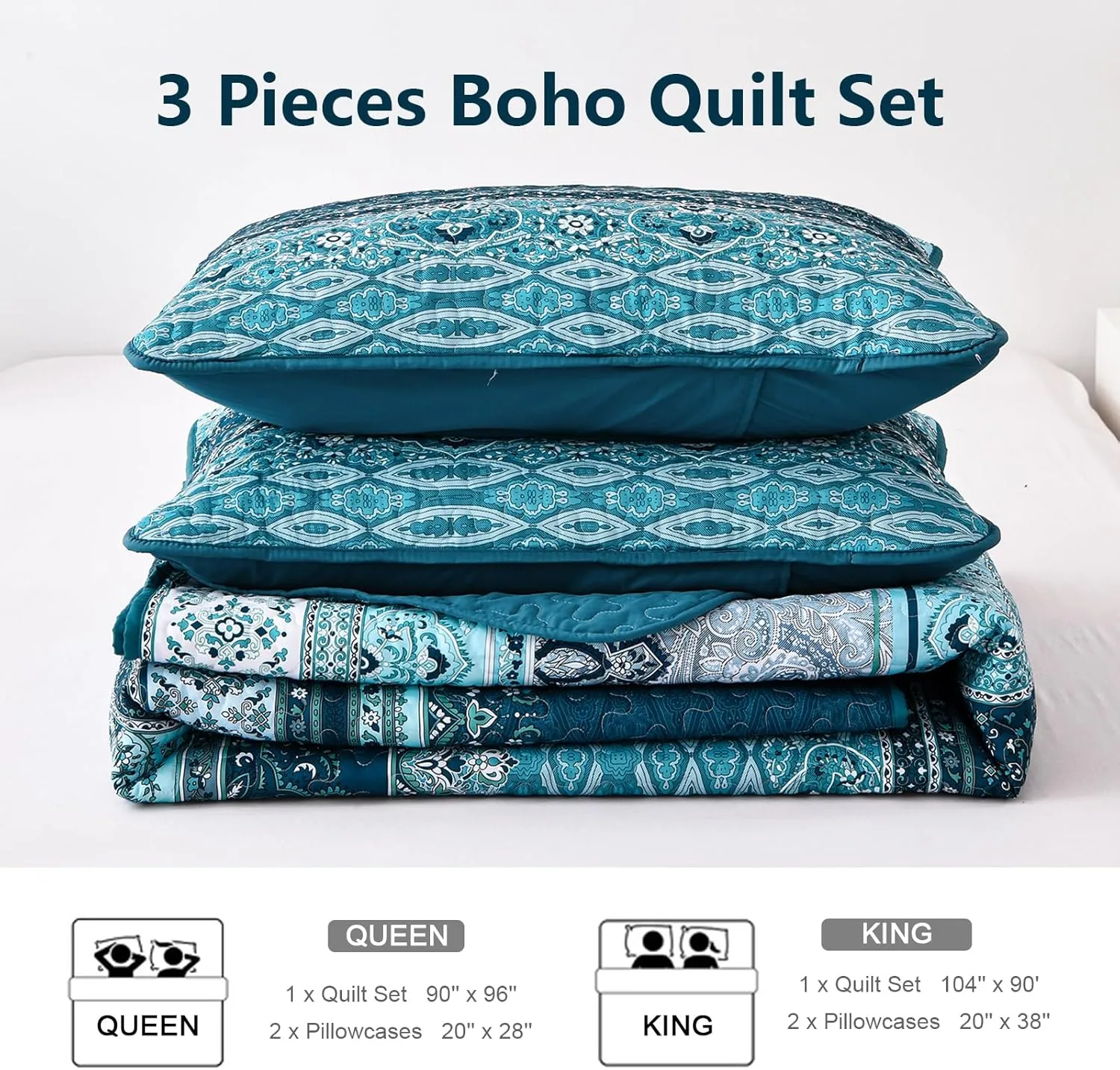 WONGS BEDDING Boho King Quilt Set, Blue Bohemian King Quilt Bedding Set, Lightweight Microfiber Bed Decor Bedspread for All Season 103"x90"(3 Pieces)