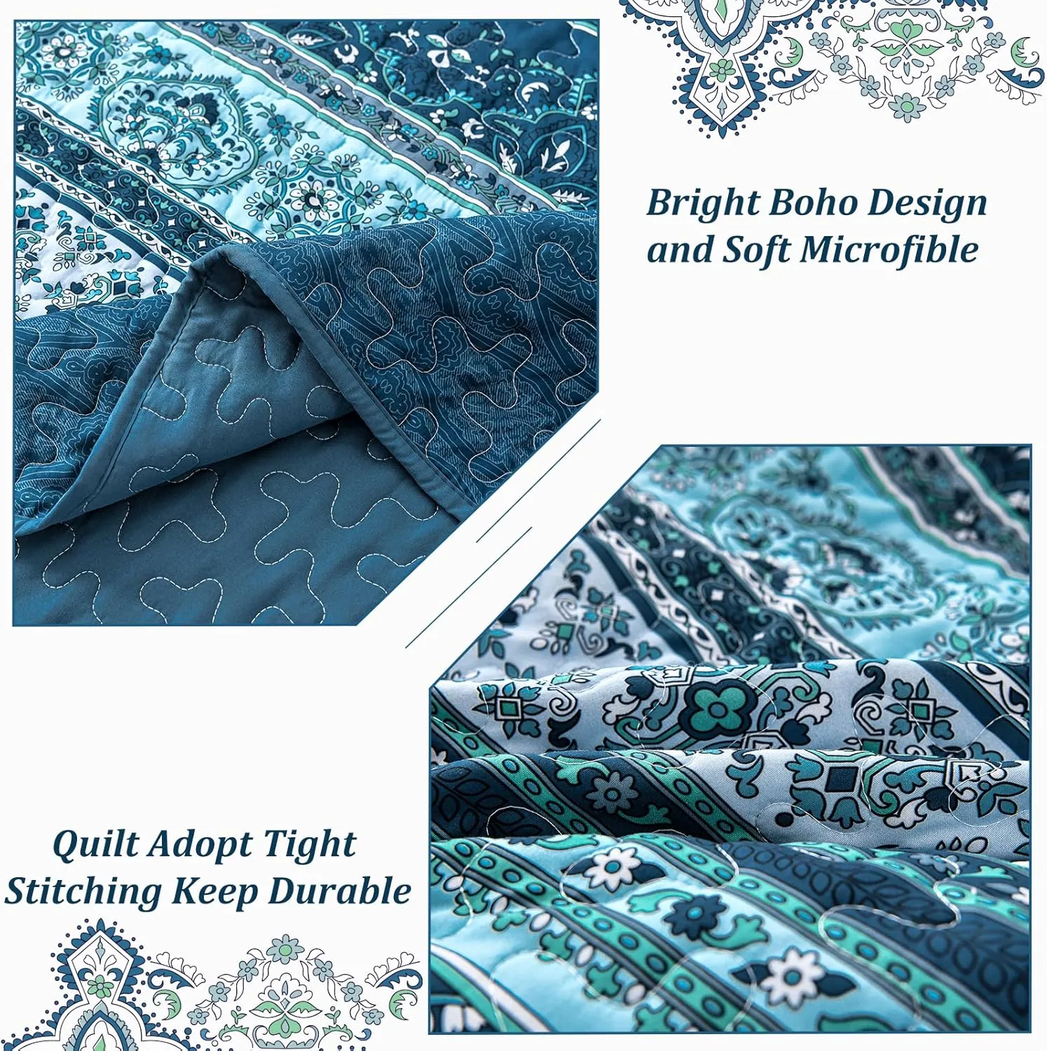 WONGS BEDDING Boho King Quilt Set, Blue Bohemian King Quilt Bedding Set, Lightweight Microfiber Bed Decor Bedspread for All Season 103"x90"(3 Pieces)