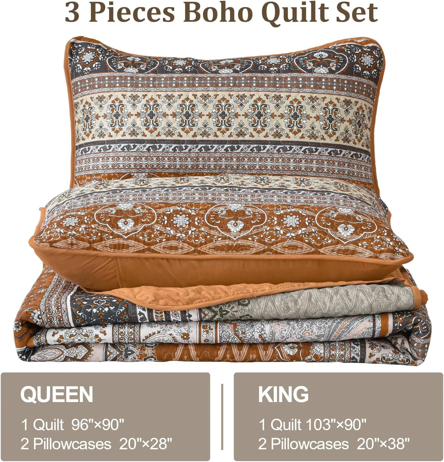 WONGS BEDDING Boho King Quilt Set, Brown and Grey Bohemian Quilt Bedding Set, Fall Lightweight Bed Decor Bedspread for All Season Reversible Microfiber Coverlet Bedding Set 103"x90"(3 Pieces)