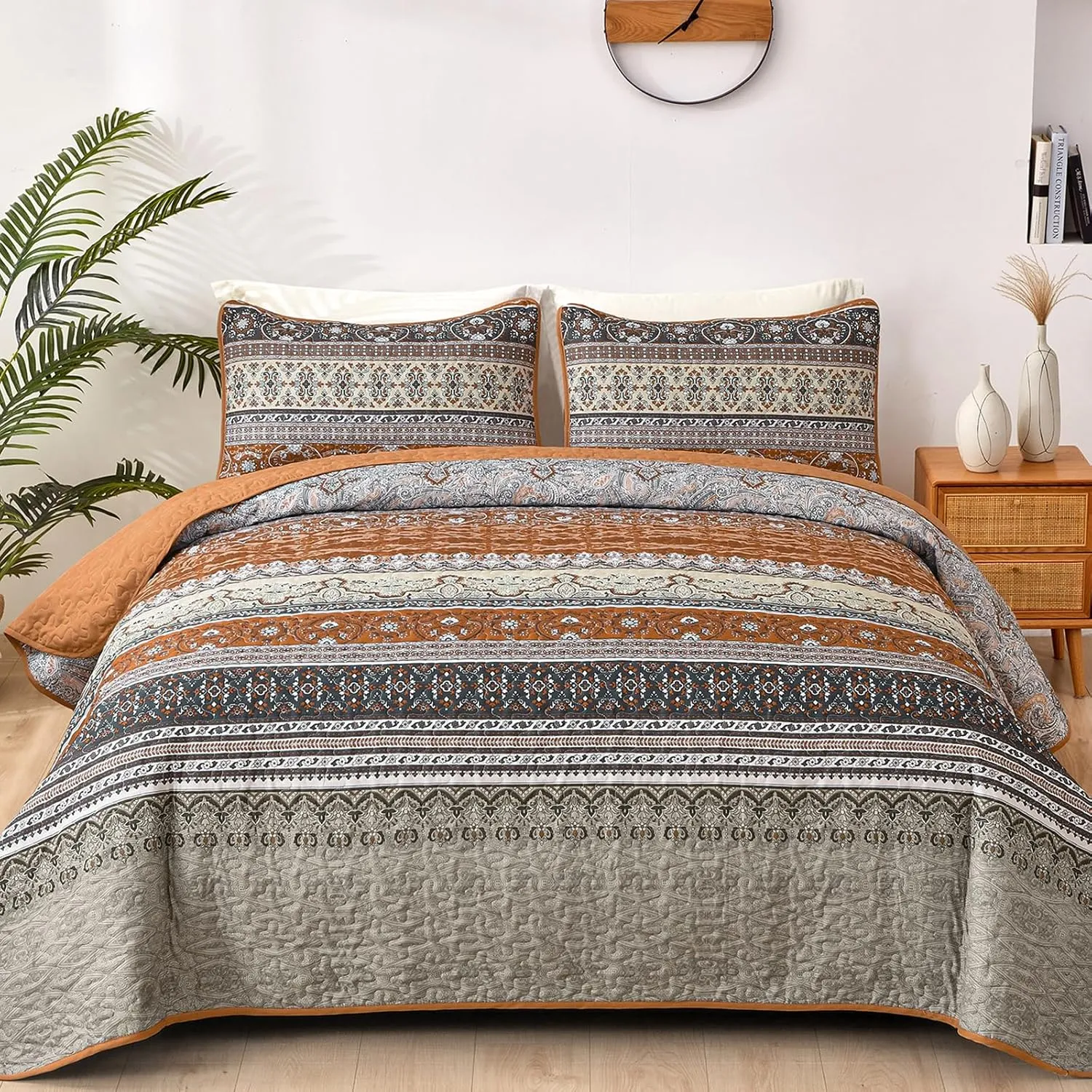 WONGS BEDDING Boho King Quilt Set, Brown and Grey Bohemian Quilt Bedding Set, Fall Lightweight Bed Decor Bedspread for All Season Reversible Microfiber Coverlet Bedding Set 103"x90"(3 Pieces)