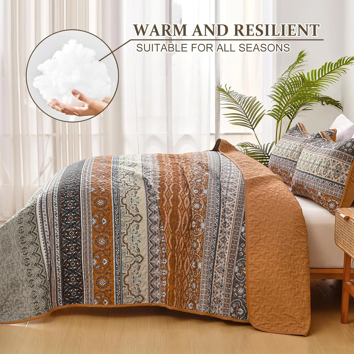 WONGS BEDDING Boho King Quilt Set, Brown and Grey Bohemian Quilt Bedding Set, Fall Lightweight Bed Decor Bedspread for All Season Reversible Microfiber Coverlet Bedding Set 103"x90"(3 Pieces)