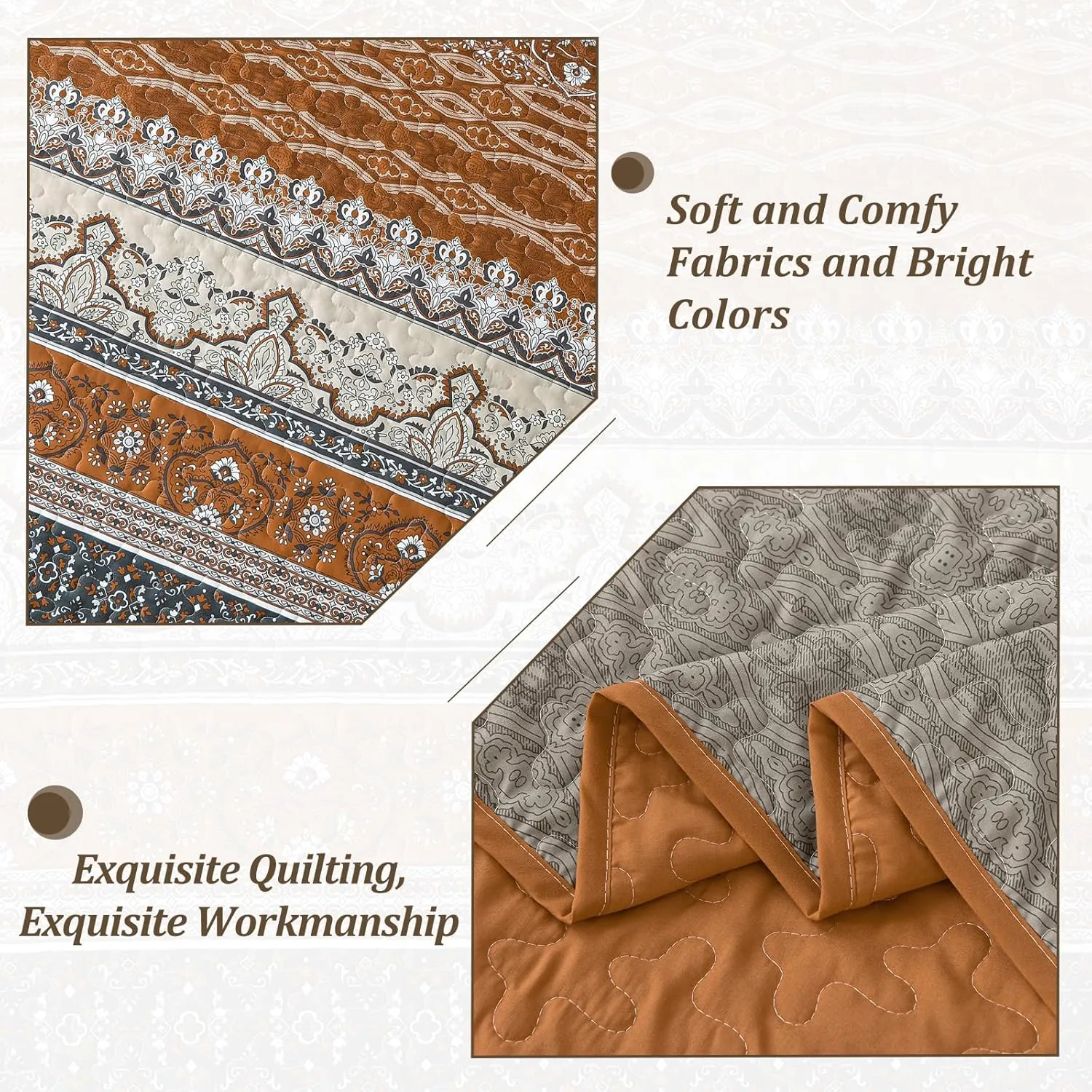 WONGS BEDDING Boho King Quilt Set, Brown and Grey Bohemian Quilt Bedding Set, Fall Lightweight Bed Decor Bedspread for All Season Reversible Microfiber Coverlet Bedding Set 103"x90"(3 Pieces)