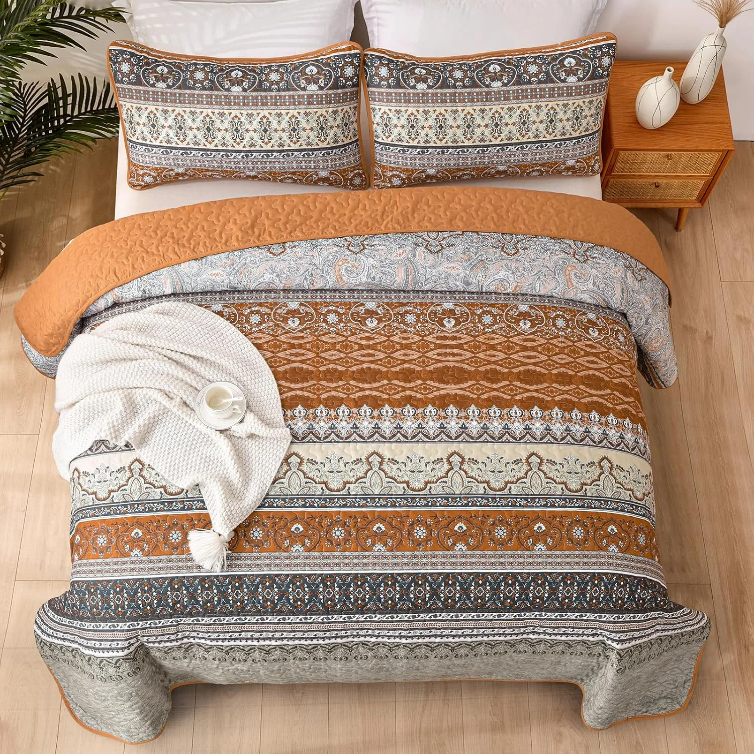 WONGS BEDDING Boho King Quilt Set, Brown and Grey Bohemian Quilt Bedding Set, Fall Lightweight Bed Decor Bedspread for All Season Reversible Microfiber Coverlet Bedding Set 103"x90"(3 Pieces)