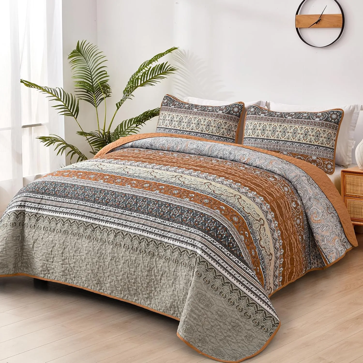 WONGS BEDDING Boho King Quilt Set, Brown and Grey Bohemian Quilt Bedding Set, Fall Lightweight Bed Decor Bedspread for All Season Reversible Microfiber Coverlet Bedding Set 103"x90"(3 Pieces)