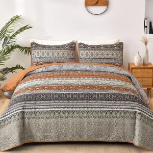 WONGS BEDDING Boho King Quilt Set, Brown and Grey Bohemian Quilt Bedding Set, Fall Lightweight Bed Decor Bedspread for All Season Reversible Microfiber Coverlet Bedding Set 103"x90"(3 Pieces)