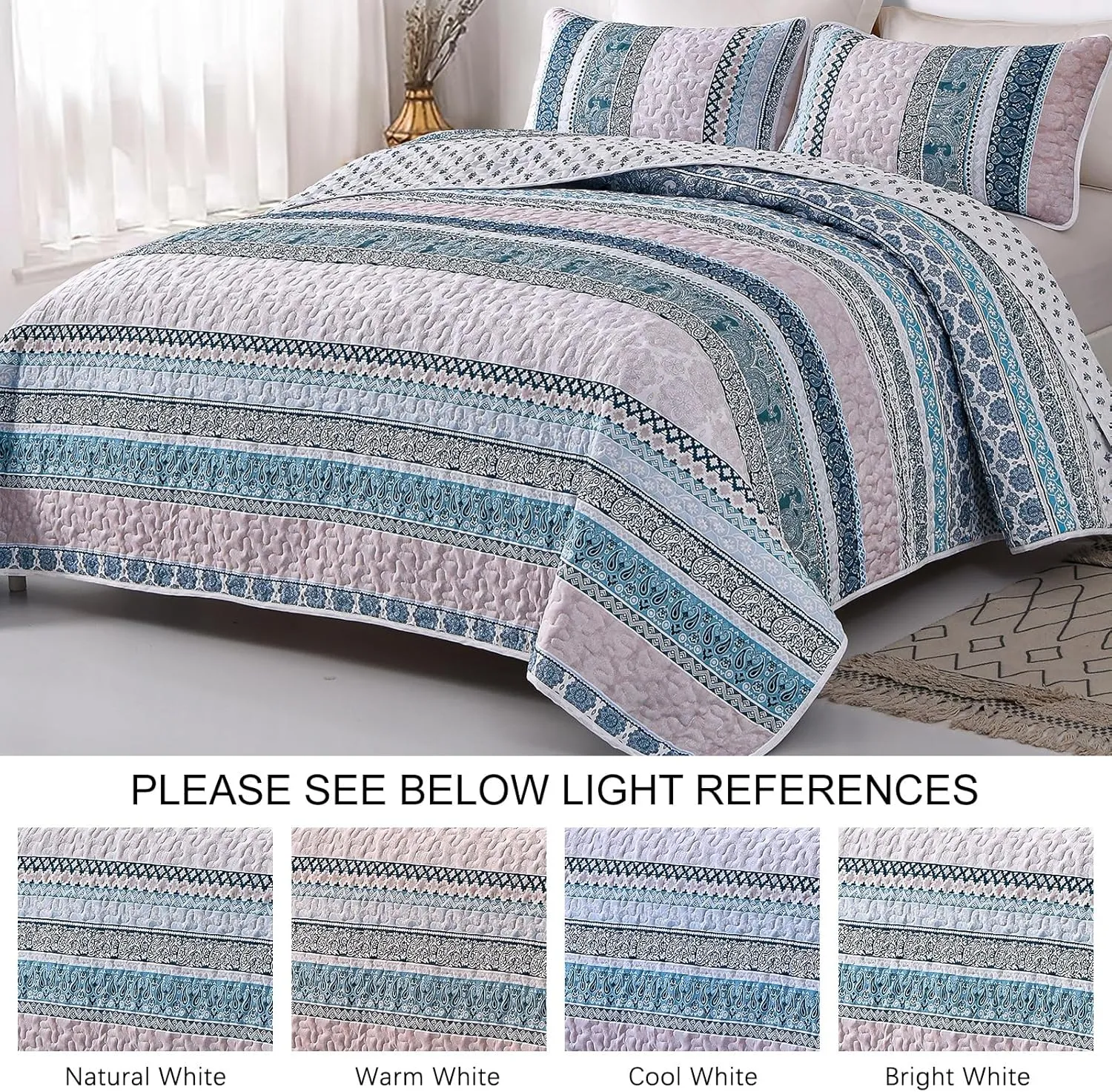 WONGS BEDDING Boho Quilt Set Queen Size,Blue Bohemian 3 Pieces Quilt Sets, Lightweight Bedspread Coverlet Bedding Set for All Season (96"x90")