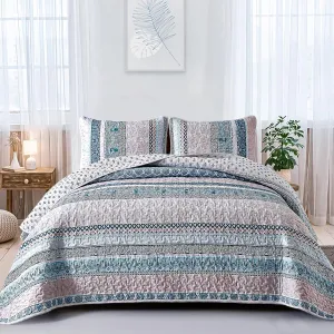 WONGS BEDDING Boho Quilt Set Queen Size,Blue Bohemian 3 Pieces Quilt Sets, Lightweight Bedspread Coverlet Bedding Set for All Season (96"x90")