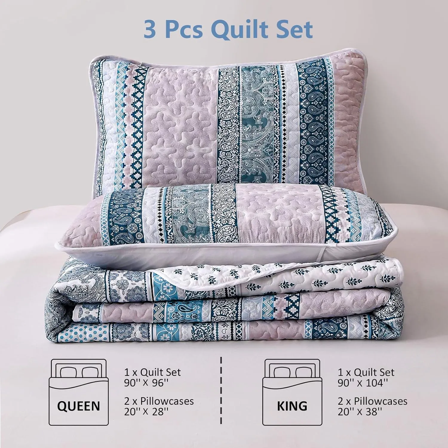 WONGS BEDDING Boho Quilt Set Queen Size,Blue Bohemian 3 Pieces Quilt Sets, Lightweight Bedspread Coverlet Bedding Set for All Season (96"x90")