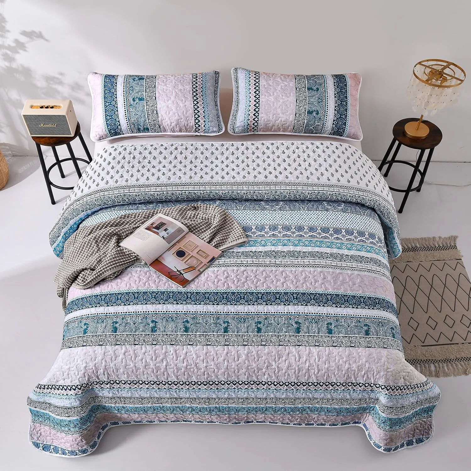 WONGS BEDDING Boho Quilt Set Queen Size,Blue Bohemian 3 Pieces Quilt Sets, Lightweight Bedspread Coverlet Bedding Set for All Season (96"x90")