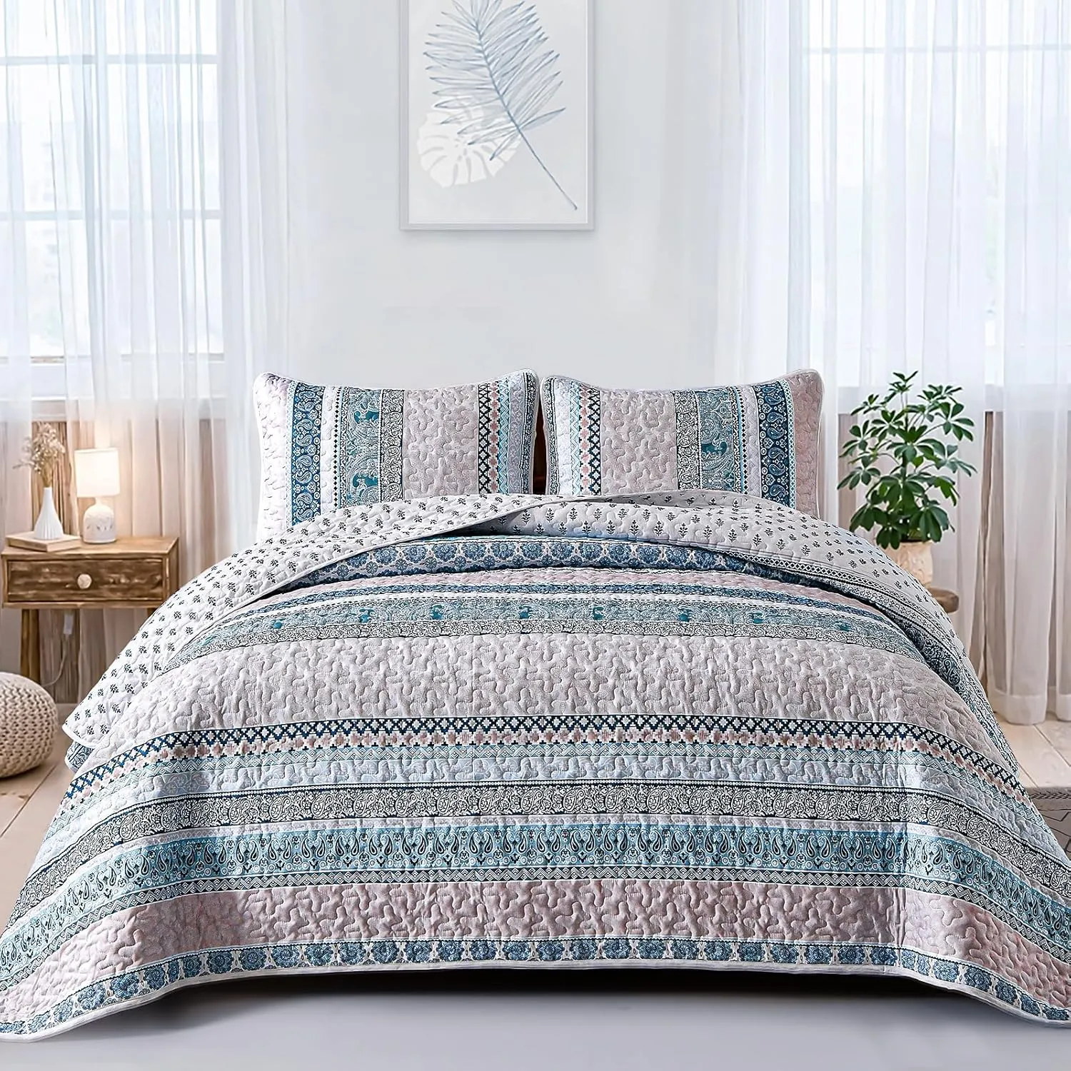 WONGS BEDDING Boho Quilt Set Queen Size,Blue Bohemian 3 Pieces Quilt Sets, Lightweight Bedspread Coverlet Bedding Set for All Season (96"x90")
