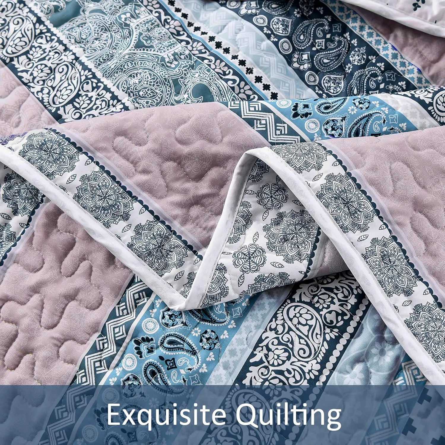 WONGS BEDDING Boho Quilt Set Queen Size,Blue Bohemian 3 Pieces Quilt Sets, Lightweight Bedspread Coverlet Bedding Set for All Season (96"x90")
